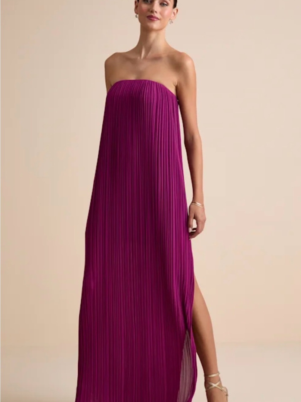 Lulu's Strapless Pleated Maxi Dress in Fuchsia - Picture 2 of 5